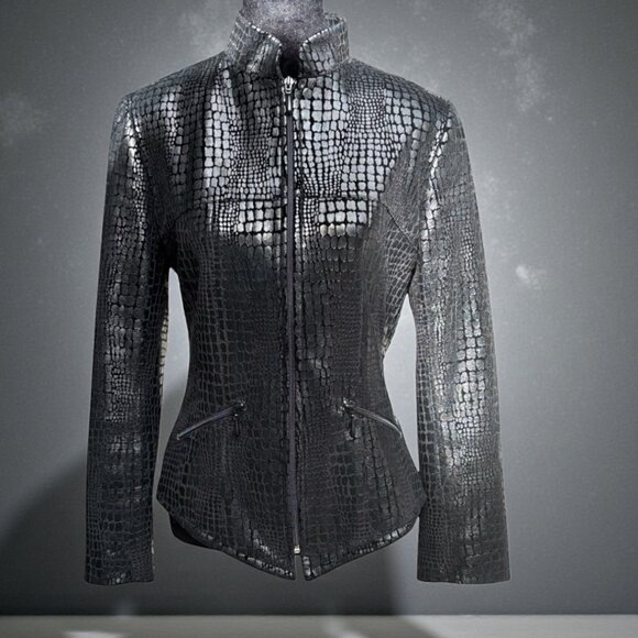 Vintage Lori Zoni 100% Silk Croc Embossed Zip Front Fitted Jacket Small - Picture 3 of 16